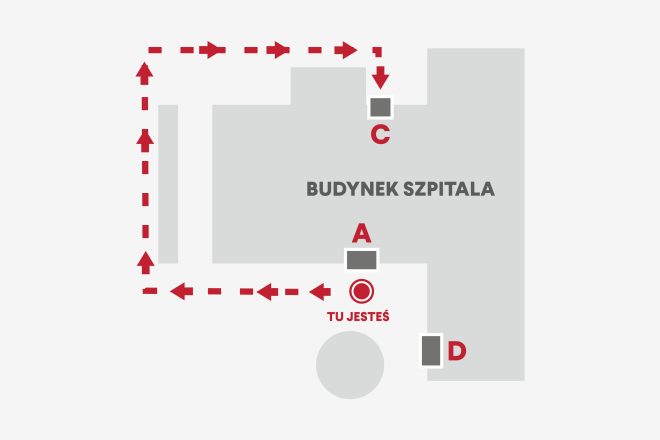 Grafika przedstawia mapkę sytuacyjną na której umieszczone są trasy wejściowe do budynku szpitala
