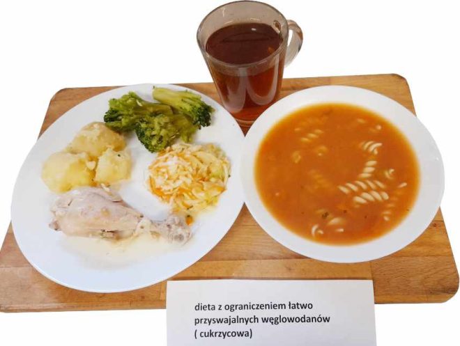 Zdjęcie przedstawia posiłek, obiad zgodnie z dietą łatwo przyswajalnych węglowodanów (cukrzycowa)