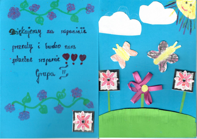 Zdjęcie przedstawia rysunek, pracę plastyczną namalowaną przez dzieci, z podziękowaniem za okazane serce