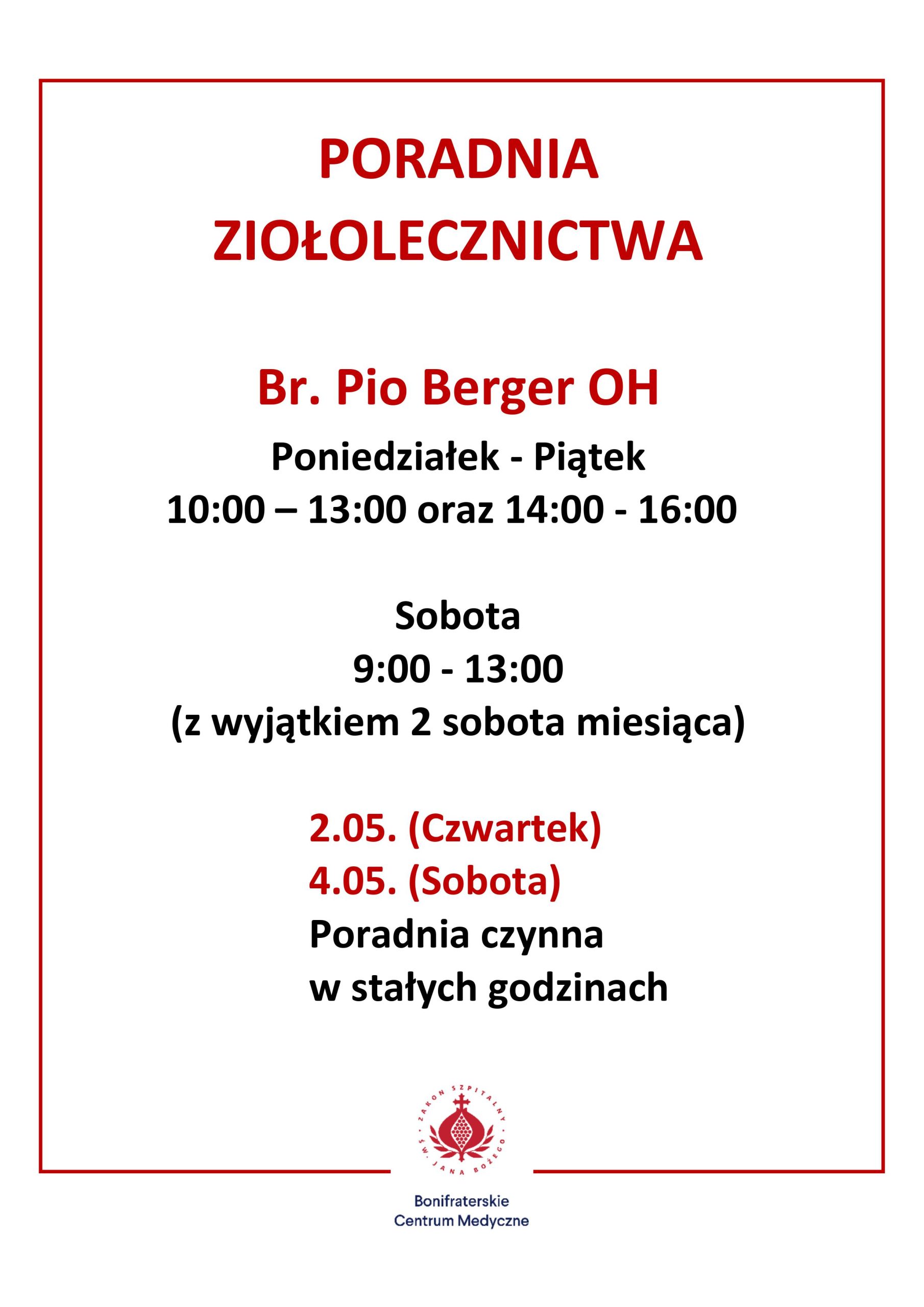 Grafika obrazuje informację dotyczącą dni oraz godzin przyjęć w bonifraterskiej Poradni Ziołolecznictwa w Krakowie