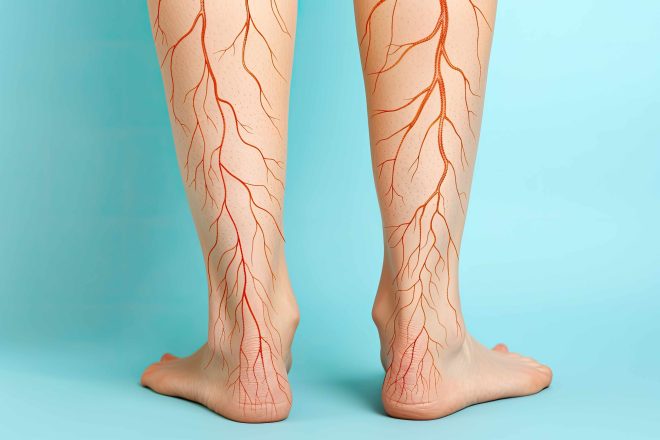 Zdjęcie przedstawia nogi człowieka z widocznymi, namalowanymi naczyniami krwionośnymi