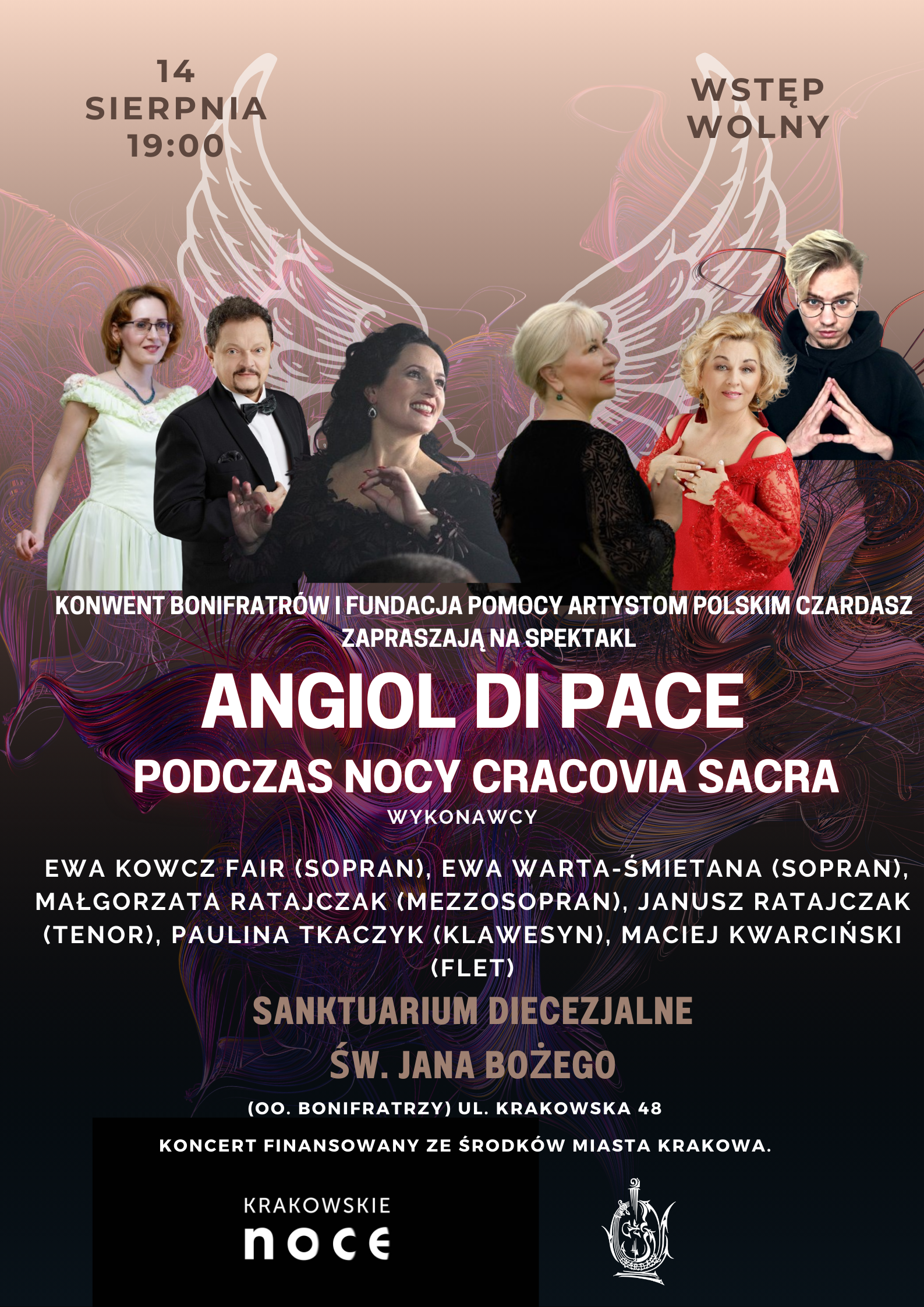 Grafika obrazuje plakat informujący o koncercie - spektaklu ANGIOL DI PACE podczas nocy Cracovia Sacra. W grafice widać postacie wokalistów oraz informację merytoryczną mówiącą o wydarzeniu.