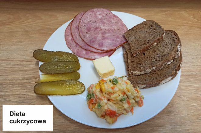 Kolacja (Dieta cukrzycowa): Na białym talerzu znajduje się kilka plastrów wędliny, trzy kromki pełnoziarnistego chleba, kawałek masła, kiszone ogórki pokrojone wzdłuż oraz sałatka jarzynowa z warzywami, takimi jak marchew, ziemniaki i groszek. Obok znajduje się podpis "Dieta cukrzycowa"