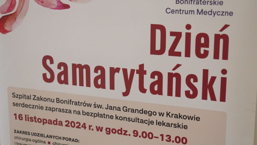 Plakat promujący wydarzenie „Dzień Samarytański” organizowane przez Bonifraterskie Centrum Medyczne w Krakowie. Widoczne są informacje o bezpłatnych konsultacjach lekarskich 16 listopada 2024 roku oraz zakres świadczonych usług