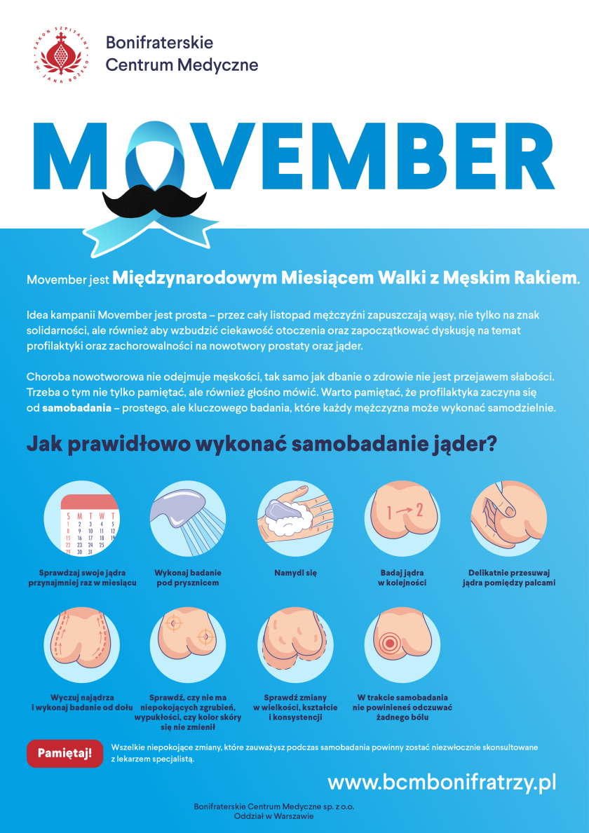 Plakat informacyjny o kampanii Movember przygotowany przez Bonifraterskie Centrum Medyczne. W nagłówku widnieje duży, niebieski napis "MOVEMBER" z umieszczonym pod nim logotypem Bonifraterskiego Centrum Medycznego. Na literze "O" znajduje się czarna, graficzna sylwetka wąsów, symbolizująca listopadową akcję zapuszczania wąsów na znak solidarności z mężczyznami zmagającymi się z chorobami nowotworowymi. Pod nagłówkiem widnieje napis "Movember jest Międzynarodowym Miesiącem Walki z Męskim Rakiem", a poniżej znajduje się opis kampanii. Tekst zachęca do zwiększenia świadomości na temat profilaktyki raka prostaty i jąder oraz wyjaśnia, że dbanie o zdrowie nie jest słabością. Przypomina także, że profilaktyka zaczyna się od samobadania. Niżej znajduje się sekcja zatytułowana "Jak prawidłowo wykonać samobadanie jąder?", z ikonami przedstawiającymi kolejne kroki samobadania. Obrazy prezentują następujące instrukcje: "Sprawdzaj swoje jądra przynajmniej raz w miesiącu" – ilustracja kalendarza. "Wykonaj badanie pod prysznicem" – ikona prysznica. "Namydl się" – obraz dłoni z mydłem. "Badaj jądra w kolejności" – obraz dwóch jąder oznaczonych cyframi 1 i 2. "Delikatnie przesuwaj jądra pomiędzy palcami" – ilustracja dłoni delikatnie trzymającej jądro. "Wyczuj najądrza i wykonaj badanie od dołu" – obraz jąder z zaznaczoną dolną częścią. "Sprawdź, czy nie ma niepokojących zgrubień, wypukłości, czy kolor skóry się nie zmienił" – ilustracja dłoni badającej powierzchnię jądra. "Sprawdź zmiany w wielkości, kształcie i konsystencji" – obraz przedstawiający dwie różne sylwetki jąder. "W trakcie samobadania nie powinieneś odczuwać żadnego bólu" – ilustracja z przekreśloną ikoną bólu. Na dole plakatu znajduje się czerwony napis "Pamiętaj!" z informacją, że wszelkie niepokojące zmiany należy skonsultować z lekarzem specjalistą. Na samym dole podano stronę internetową: www.bcmbonifratrzy.pl oraz informację o Bonifraterskim Centrum Medycznym w Warszawie