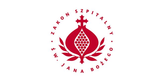 Czerwone logo Zakonu Szpitalnego św. Jana Bożego, przedstawiające stylizowany owoc granatu zwieńczony krzyżem, otoczony okrągłym napisem „ZAKON SZPITALNY ŚW. JANA BOŻEGO” w eleganckiej czcionce