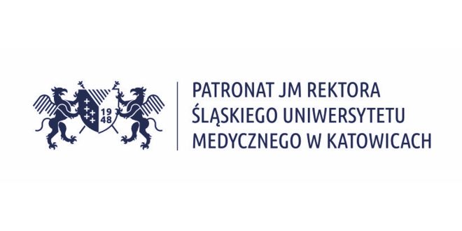 Granatowe logo Śląskiego Uniwersytetu Medycznego w Katowicach, składające się z dwóch heraldycznych lwów wspierających tarczę z krzyżami i datą „1948”. Obok symbolu widnieje napis „PATRONAT JM REKTORA ŚLĄSKIEGO UNIWERSYTETU MEDYCZNEGO W KATOWICACH”, zapisany elegancką czcionką