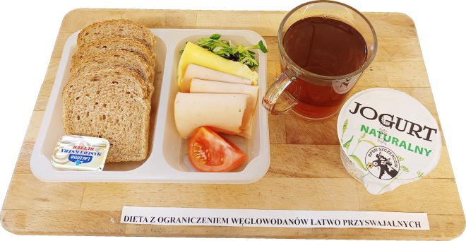 Na drewnianej tacy podano śniadanie dostosowane do diety o ograniczonej ilości łatwo przyswajalnych węglowodanów. W plastikowym pojemniku znajduje się kilka kromek chleba razowego oraz mała porcja masła w plastikowym opakowaniu. Obok ułożono plasterki sera żółtego, zwinięte plastry wędliny drobiowej, kawałek pomidora oraz mieszankę świeżych kiełków i sałaty. Do zestawu dołączono kubek herbaty oraz pojemnik naturalnego jogurtu w plastikowym opakowaniu z czytelną etykietą. Na tacy znajduje się także kartka z napisem „DIETA Z OGRANICZENIEM WĘGLOWODANÓW ŁATWO PRZYSWAJALNYCH”