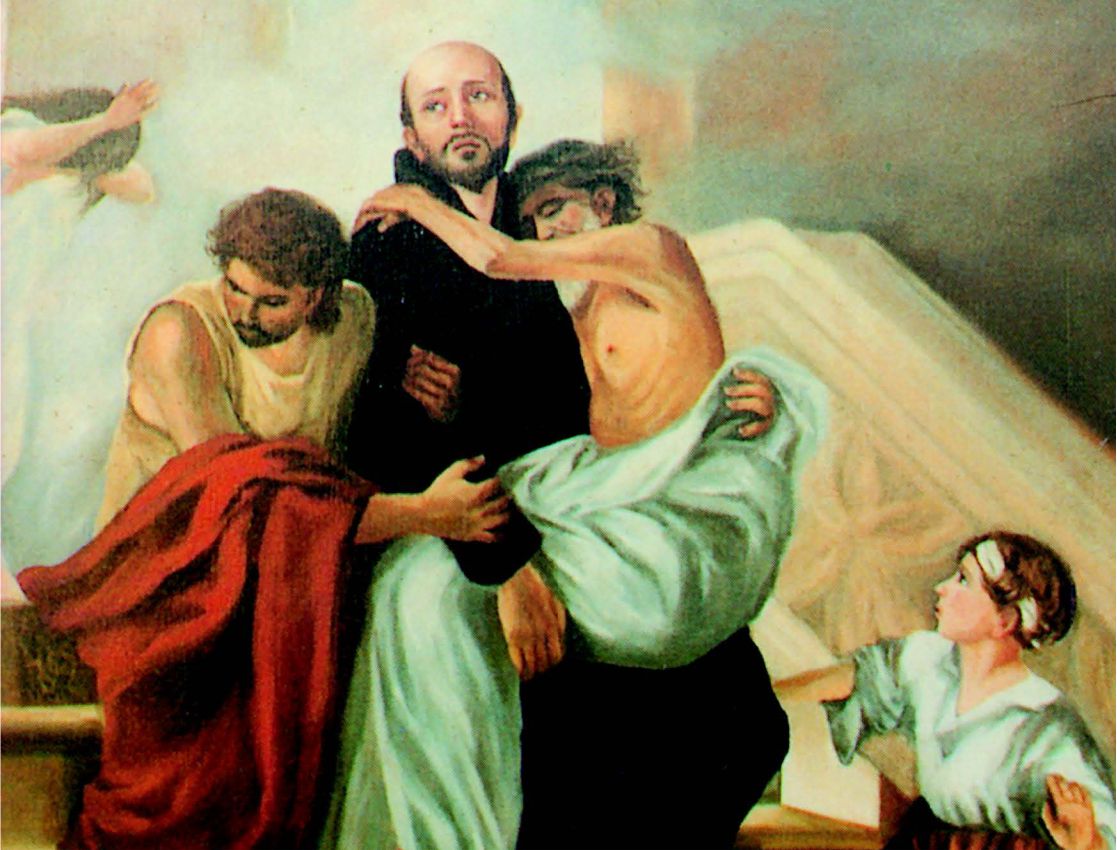 Obraz przedstawia św. Jana Bożego w momencie opieki nad chorymi. W centralnej części widzimy świętego, ubranego w ciemne szaty zakonne, obejmującego chorego mężczyznę owiniętego w jasne płótno. Twarz św. Jana wyraża współczucie i troskę. Po lewej stronie inny mężczyzna w jasnej tunice i czerwonym płaszczu pomaga podtrzymać chorego. W tle widać architektoniczne elementy przypominające schody lub kolumnadę, które nadają obrazowi przestrzeni i perspektywy. Po prawej stronie, na pierwszym planie, stoi kobieta w skromnym stroju z opaską na głowie, wyciągająca rękę w kierunku świętego, jakby szukając wsparcia lub oferując pomoc. Cała scena emanuje ciepłem i oddaniem, podkreślając misję miłosierdzia i opieki nad potrzebującymi, którą realizował św. Jan Boży. Atmosfera obrazu jest pełna duchowej głębi i symbolizuje służbę cierpiącym