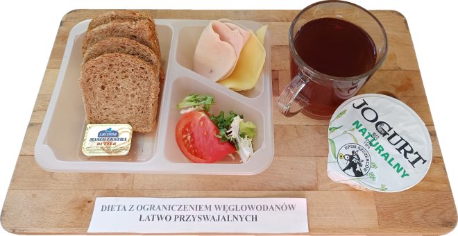 Zestaw śniadaniowy na drewnianej desce, opisany jako „Dieta z ograniczeniem węglowodanów łatwo przyswajalnych”. Na tacce znajduje się kilka kromek pełnoziarnistego chleba, opakowanie masła ekstra marki Lactima, porcja żółtego sera i plaster mielonki drobiowej, a także świeże warzywa – liście sałaty, plaster pomidora i miks sałat. Do posiłku podano szklankę ciemnego naparu (najprawdopodobniej herbata) oraz kubek jogurtu naturalnego marki RPSM Szczerców. Kompozycja podana estetycznie, zgodnie z zasadami dietetycznymi ograniczającymi cukry proste