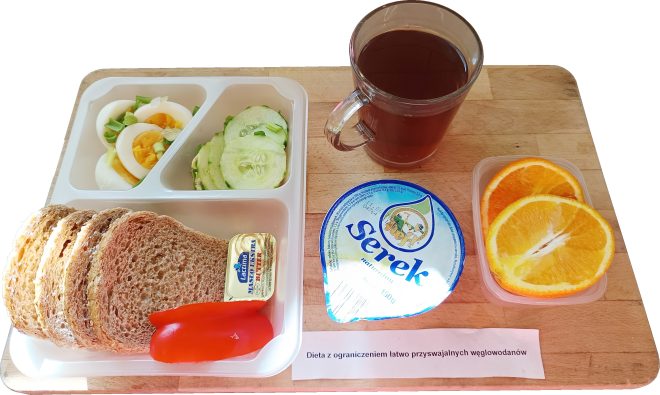 Zestaw śniadaniowy umieszczony na drewnianej tacy, opatrzony etykietą: „Dieta z ograniczeniem łatwo przyswajalnych węglowodanów”. W plastikowym pojemniku podano: kilka kromek pełnoziarnistego pieczywa, plaster czerwonej papryki, porcję masła, plasterki jajek na twardo z siekaną cebulką dymką oraz cienkie plasterki ogórka świeżego. Obok znajdują się dodatki: kubek z herbatą, jogurt typu serek naturalny w kubeczku oraz plasterki pomarańczy w przezroczystym pojemniku. Kompozycja kolorowa, zbilansowana i odpowiednia dla diety o obniżonym indeksie glikemicznym