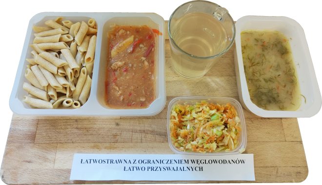 Na zdjęciu widoczny zestaw obiadowy ułożony na drewnianej tacy. W skład zestawu wchodzi: po lewej stronie – porcja jasnego makaronu penne, w środkowym pojemniku – gulasz z kawałkami mięsa, ziemniakami i papryką w czerwonym sosie. Po prawej – klarowna zupa jarzynowa z koperkiem, marchewką i ziemniakami. Obok znajduje się kubek z napojem, prawdopodobnie herbatą lub kompotem. Na dole, w osobnym pojemniku – surówka z kapusty, marchewki i pora. Całość oznaczona etykietą z opisem diety: „Łatwostrawna z ograniczeniem węglowodanów łatwo przyswajalnych”