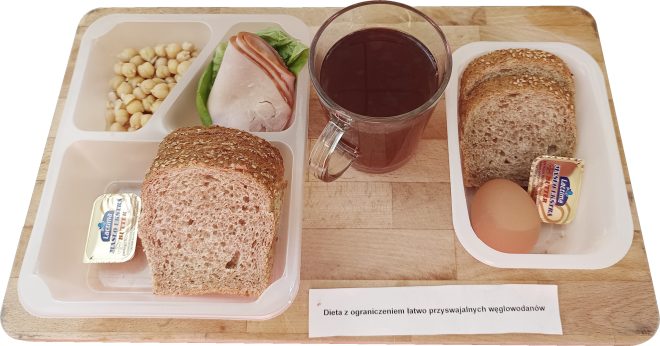 Taca z dietetycznym śniadaniem, oznaczonym jako „Dieta z ograniczeniem łatwo przyswajalnych węglowodanów”. Zawiera: kromki pieczywa razowego z ziarnami, gotowane jajko, porcję masła, plaster szynki drobiowej z sałatą, gotowaną ciecierzycę lub groch oraz kubek z ciemnym napojem (herbata lub kompot). Wszystko uporządkowane w przegródkach tacki