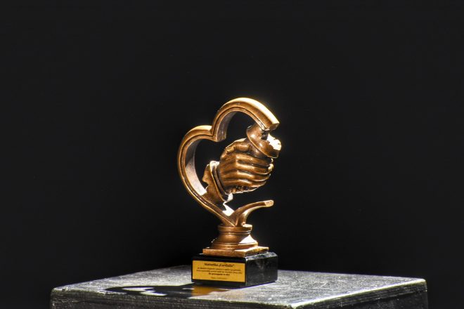Na ciemnym tle, podświetlona punktowym światłem, znajduje się elegancka statuetka wykonana z materiału przypominającego brąz. Jej forma przedstawia dwie dłonie ściskające się w geście uścisku, wpisane w kontur serca – symbolizujący solidarność, empatię i pomoc drugiemu człowiekowi. Całość osadzona jest na czarnym, marmurowym postumencie z przymocowaną złotą tabliczką. Widnieje na niej napis: Statuetka „Cordis” Za działalność na rzecz pacjentów i społeczności oraz promowanie wartości opartych na empatii i solidarności Piaski, 15.06.2024 r. Światło padające z góry podkreśla detale rzeźby – fałdy na rękawach, zarys dłoni i delikatne krzywizny serca – nadając statuetce wyjątkową rangę i podniosły charakter. Zdjęcie emanuje atmosferą szacunku i wdzięczności, a forma wyróżnienia wskazuje na uhonorowanie osoby lub instytucji za szczególne zasługi w sferze społecznej lub medycznej