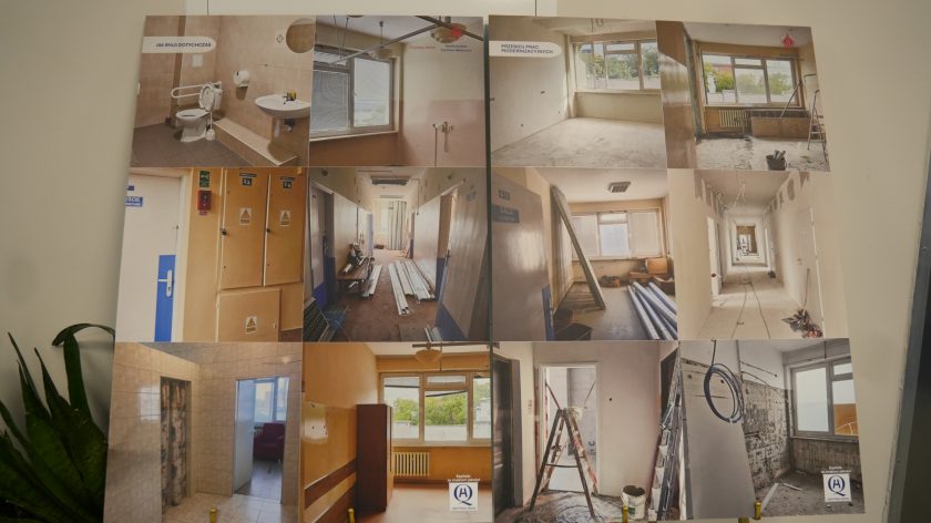 Zbliżenie na dwie plansze zestawiające fotografie „przed” i „po” modernizacji pomieszczeń. Widać między innymi odnowioną dyżurkę pielęgniarek i salę kinezyterapii wyposażoną w nowoczesny sprzęt