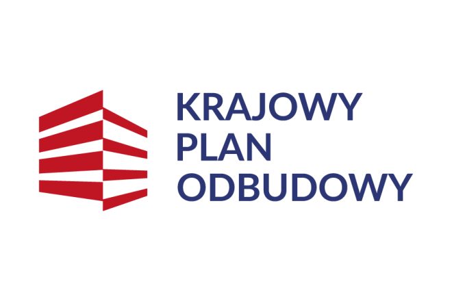 Logo Krajowego Planu Odbudowy – po lewej stronie stylizowany czerwony symbol budynku z pięcioma poziomymi liniami, po prawej niebieski napis ‘KRAJOWY PLAN ODBUDOWY’