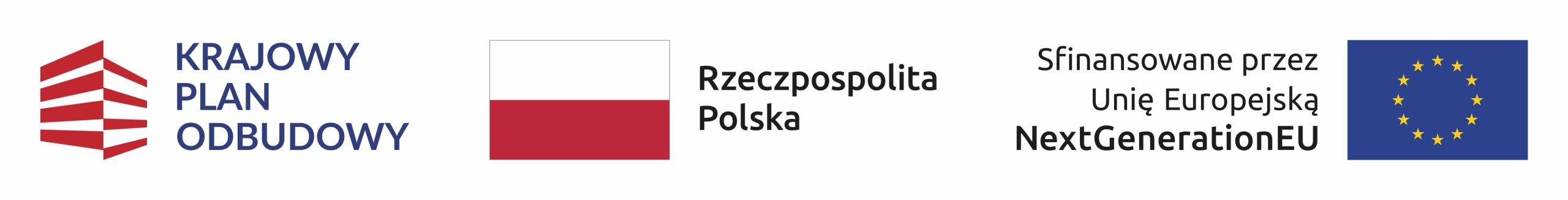 Na grafice znajdują się trzy logotypy: po lewej logo Krajowego Planu Odbudowy przedstawiające stylizowany budynek z czerwonych pasów i napis ‘Krajowy Plan Odbudowy’, w centrum flaga Polski z napisem ‘Rzeczpospolita Polska’, a po prawej flaga Unii Europejskiej z napisem ‘Sfinansowane przez Unię Europejską – NextGenerationEU’