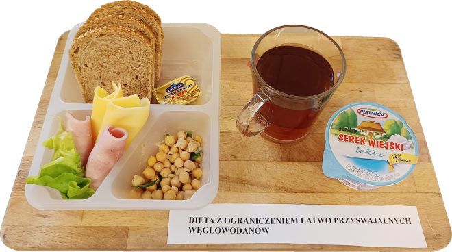 Śniadanie w diecie z ograniczeniem łatwo przyswajalnych węglowodanów. Zestaw z ciemnym pieczywem, plastrami sera i szynki, sałatą, pastą z ciecierzycy, porcją masła, serkiem wiejskim i szklanką herbaty