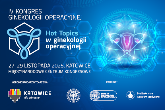 Baner promujący IV Kongres Ginekologii Operacyjnej – Hot Topics w ginekologii operacyjnej, zaplanowany na 27–29 listopada 2025 r. w Katowicach. Niebieskie tło z nowoczesną grafiką przedstawiającą stylizowany symbol ginekologiczny i świetlisty wzór narządów kobiecych. Na dole logo miasta Katowice oraz instytucji patronujących