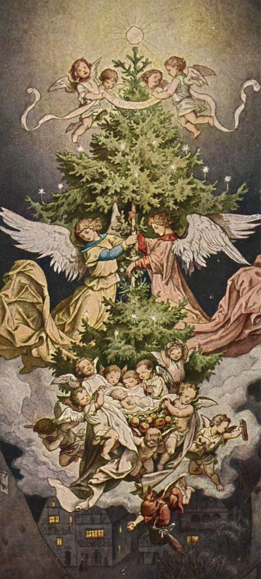 Zabytkowa ilustracja bożonarodzeniowa ukazująca wysoką choinkę unoszącą się wśród chmur, otoczoną aniołami; u dołu scena z Dzieciątkiem Jezus w otoczeniu aniołów, a w tle nocne miasto z oświetlonymi oknami