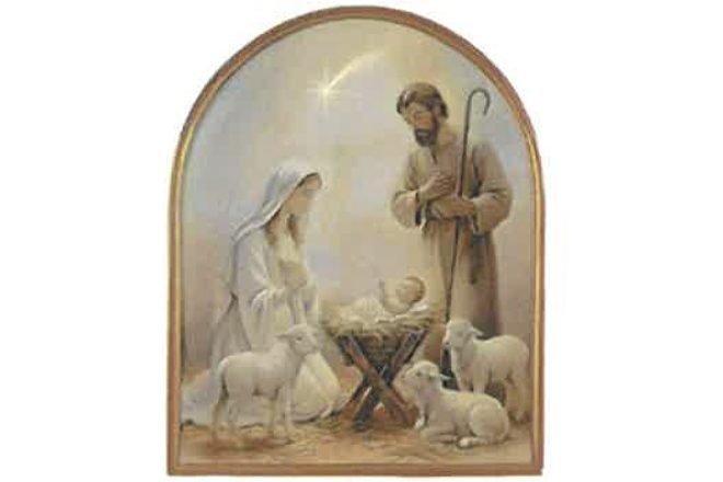 Ilustracja przedstawiająca Świętą Rodzinę w stajence betlejemskiej: Maryję i św. Józefa pochylonych nad Dzieciątkiem Jezus leżącym w żłóbku, otoczonym przez owce