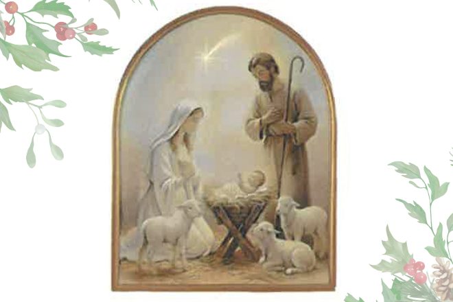 Scena Bożego Narodzenia przedstawiająca Świętą Rodzinę przy żłóbku z Dzieciątkiem Jezus, z Maryją i św. Józefem w postawie adoracji, otoczona delikatnymi, roślinnymi motywami świątecznymi