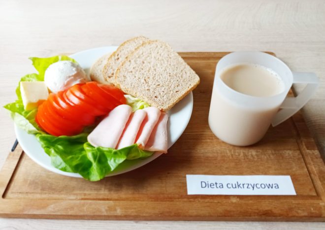 Śniadanie opisane jako Dieta cukrzycowa. Na białym talerzu położonym na drewnianej tacy znajdują się dwie kromki jasnego pieczywa, liście sałaty, pokrojony w plastry pomidor, kilka plastrów chudej wędliny drobiowej, kostka białego sera oraz kulka twarożku. Obok talerza stoi przezroczysty kubek z jasnym, mlecznym napojem. Przed tacą widoczny jest podpis ‘Dieta cukrzycowa