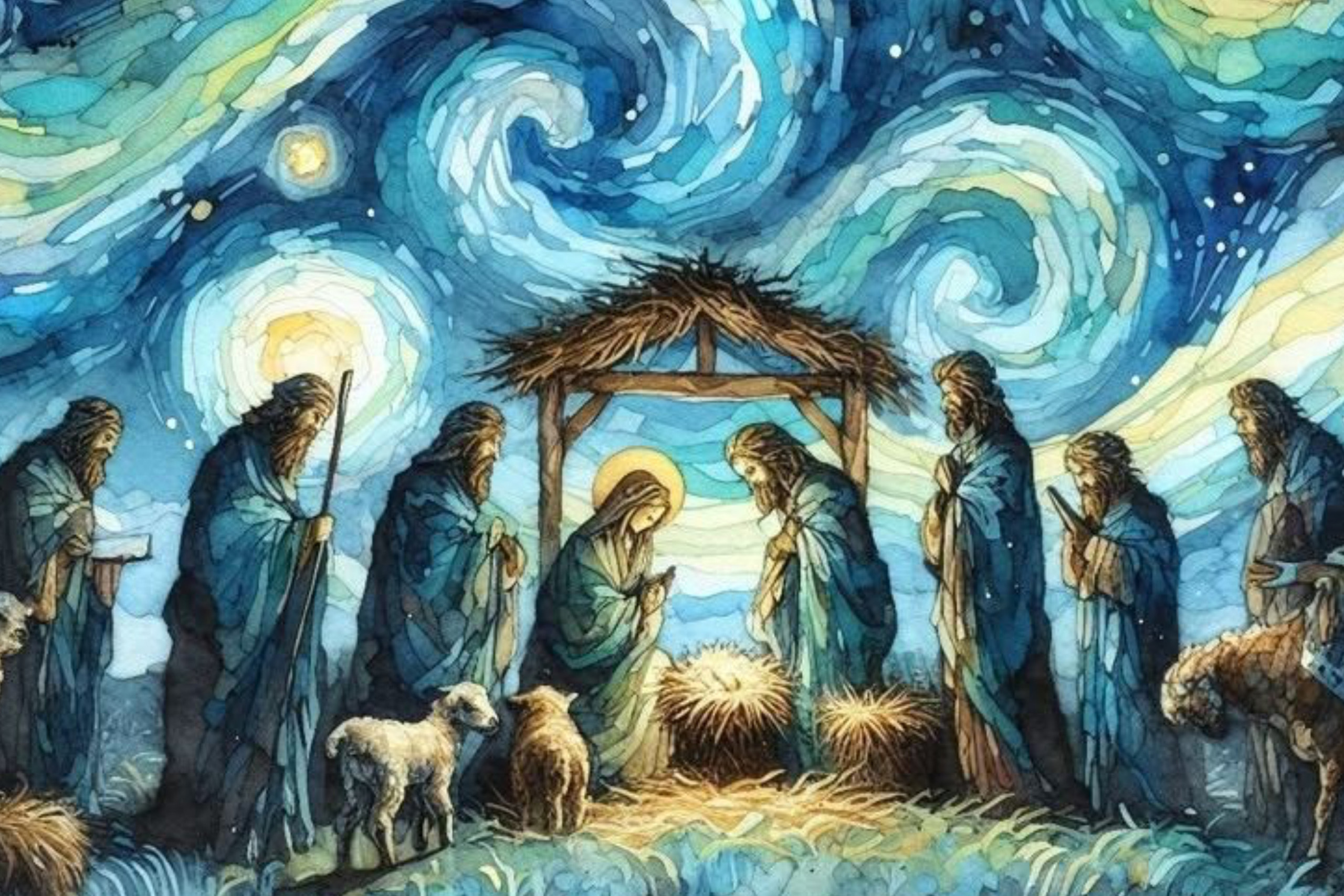 Ilustracja przedstawiająca scenę Bożego Narodzenia: Maryja i Józef pochylają się nad Dzieciątkiem Jezus leżącym w żłóbku pod prostą stajenką, otoczeni przez pasterzy i owce. Nad sceną rozciąga się dynamiczne, wirujące nocne niebo w odcieniach błękitu i żółci, przypominające styl „Gwiaździstej nocy”, z jasną gwiazdą rozświetlającą całą kompozycję