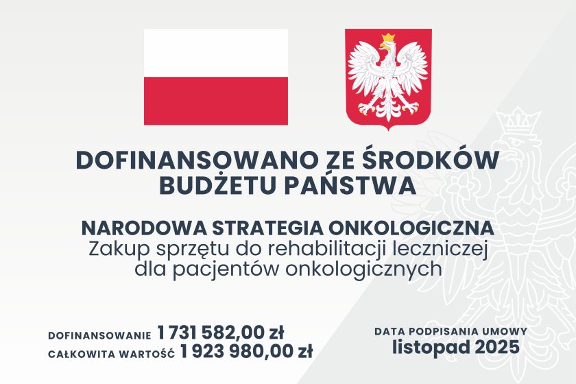 Grafika informacyjna z flagą Polski i godłem państwowym. Informacja o dofinansowaniu ze środków budżetu państwa w ramach Narodowej Strategii Onkologicznej. Projekt dotyczy zakupu sprzętu do rehabilitacji leczniczej dla pacjentów onkologicznych. Kwota dofinansowania: 1 731 582 zł, całkowita wartość projektu: 1 923 980 zł. Data podpisania umowy: listopad 2025 roku