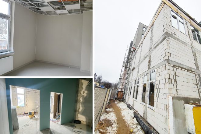 Kolaż zdjęć dokumentujących postęp prac przy rozbudowie Bonifraterskiego Centrum Medycznego. Widoczne są wnętrza nowych pomieszczeń szpitalnych w trakcie prac wykończeniowych oraz elewacja rozbudowywanego budynku z rusztowaniami i nowo zamontowanymi oknami