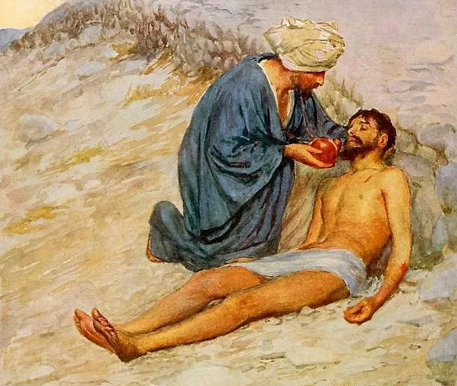 Miłosierny Samarytanin pomaga rannemu człowiekowi leżącemu przy drodze