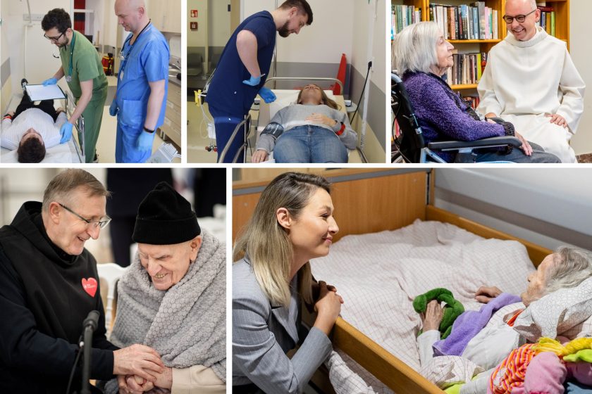 Kolaż zdjęć przedstawiających codzienną opiekę nad pacjentami: personel medyczny bada i towarzyszy chorym w salach szpitalnych, pracownik ochrony zdrowia rozmawia z pacjentką na wózku inwalidzkim, zakonnik Zakonu Bonifratrów okazuje wsparcie starszej osobie, a bliska osoba czuwa przy pacjentce leżącej w łóżku. Zdjęcia ukazują leczenie, troskę, obecność i relacje oparte na empatii, szacunku i miłosierdziu