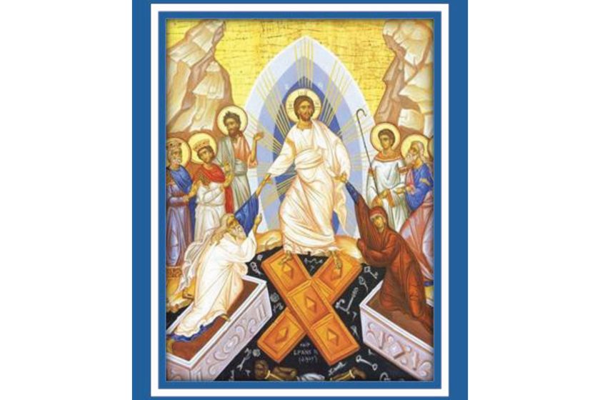 Ikona Zmartwychwstania Chrystusa przedstawiająca Jezusa wychodzącego z grobu i wyciągającego ręce do ludzi, w otoczeniu postaci biblijnych i świetlistej mandorli