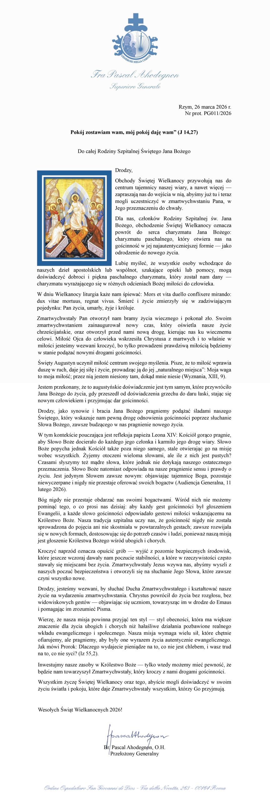 Oficjalny list wielkanocny przełożonego generalnego Zakonu Bonifratrów z 2026 roku, zawierający duchowe przesłanie o nadziei, odnowie życia i chrześcijańskiej gościnności