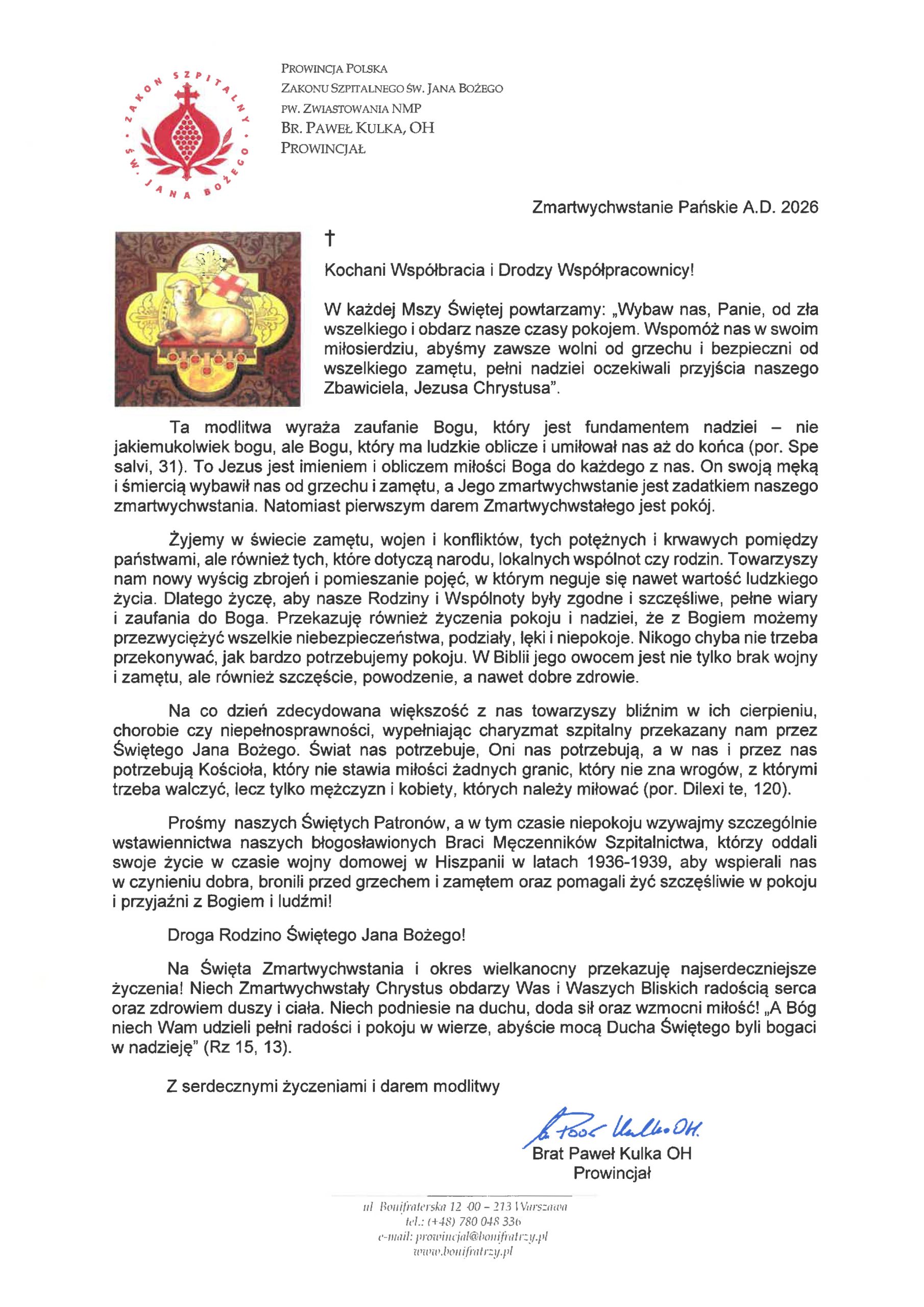Oficjalny list wielkanocny prowincjała Zakonu Bonifratrów w Polsce na rok 2026, zawierający życzenia oraz refleksję o pokoju, nadziei i zmartwychwstaniu Chrystusa, opatrzony symbolem Baranka Paschalnego