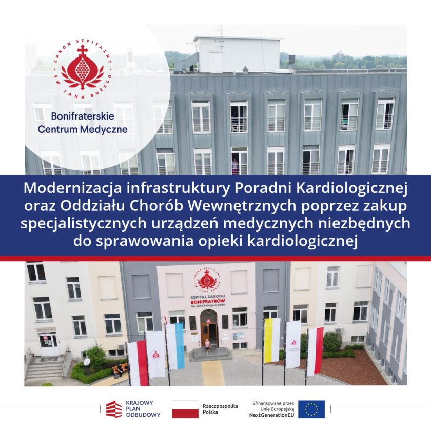 Grafika informująca o modernizacji infrastruktury Poradni Kardiologicznej i Oddziału Chorób Wewnętrznych w Bonifraterskim Centrum Medycznym poprzez zakup specjalistycznego sprzętu medycznego. W tle widoczny budynek Szpitala Zakonu Bonifratrów. Na dole logotypy Krajowego Planu Odbudowy, Rzeczypospolitej Polskiej i Unii Europejskiej NextGenerationEU