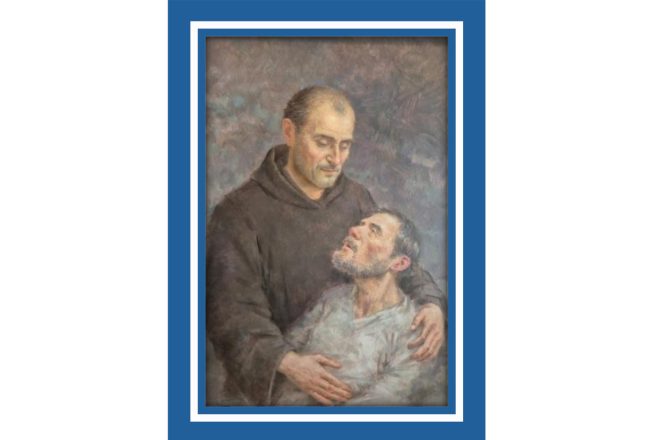 Malarskie przedstawienie św. Jana Bożego w brązowym habicie, obejmującego chorego mężczyznę. Święty z troską podtrzymuje osłabionego człowieka, który patrzy na niego z wdzięcznością. Obraz symbolizuje miłosierdzie i opiekę nad chorymi