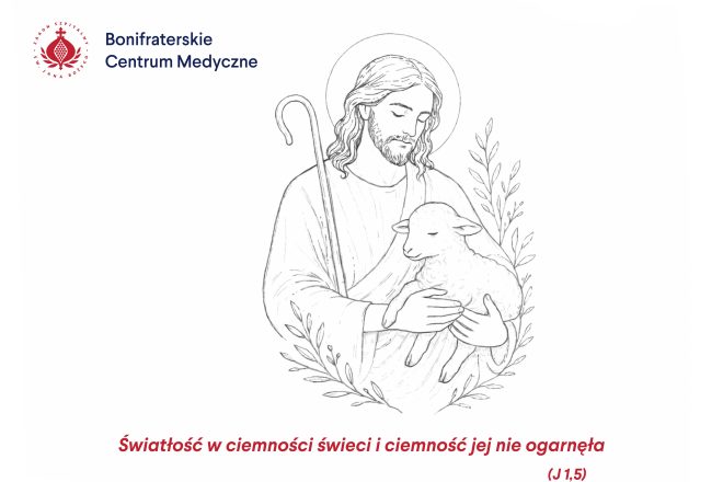 Logo Bonifraterskiego Centrum Medycznego w lewym górnym rogu. Pośrodku delikatna, lineartowa ilustracja Jezusa Chrystusa jako Dobrego Pasterza, trzymającego na rękach małego baranka; obok widoczna pasterska laska i gałązki oliwne. Na dole czerwony napis: „Światłość w ciemności świeci i ciemność jej nie ogarnęła (J 1,5)”