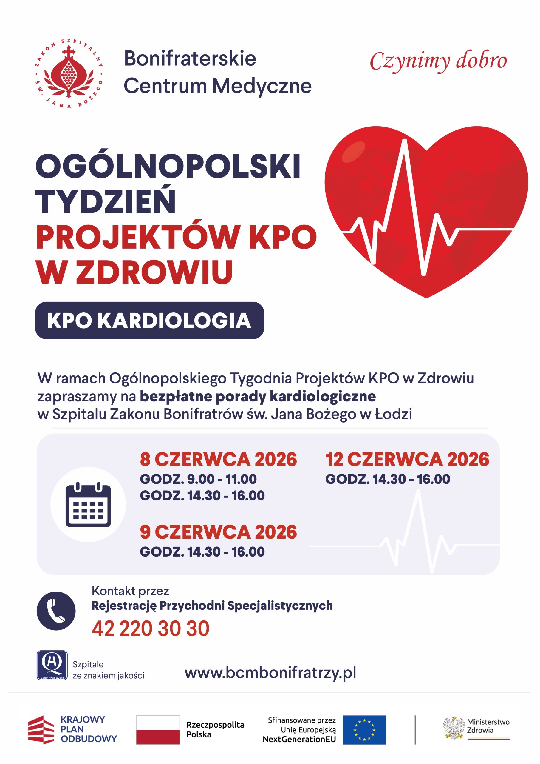 Grafika informacyjna Bonifraterskiego Centrum Medycznego promująca Ogólnopolski Tydzień Projektów KPO w Zdrowiu. Po lewej stronie znajduje się logo Bonifraterskiego Centrum Medycznego, a po prawej hasło „Czynimy dobro”. Centralną część zajmuje napis „Ogólnopolski Tydzień Projektów KPO w Zdrowiu” oraz oznaczenie „KPO Kardiologia”. Obok widoczna jest duża czerwona grafika serca z linią EKG. Na plakacie zamieszczono informację o bezpłatnych poradach kardiologicznych organizowanych w Szpitalu Zakonu Bonifratrów św. Jana Bożego w Łodzi. Konsultacje odbędą się 8 czerwca 2026 r. w godzinach 9.00–11.00 i 14.30–16.00, 9 czerwca 2026 r. w godzinach 14.30–16.00 oraz 12 czerwca 2026 r. w godzinach 14.30–16.00. W dolnej części grafiki podano numer telefonu do Rejestracji Przychodni Specjalistycznych: 42 220 30 30 oraz adres strony internetowej: www.bcmbonifratrzy.pl. Na dole znajdują się logotypy Krajowego Planu Odbudowy, Rzeczypospolitej Polskiej, Unii Europejskiej NextGenerationEU oraz Ministerstwa Zdrowia, informujące o finansowaniu projektu